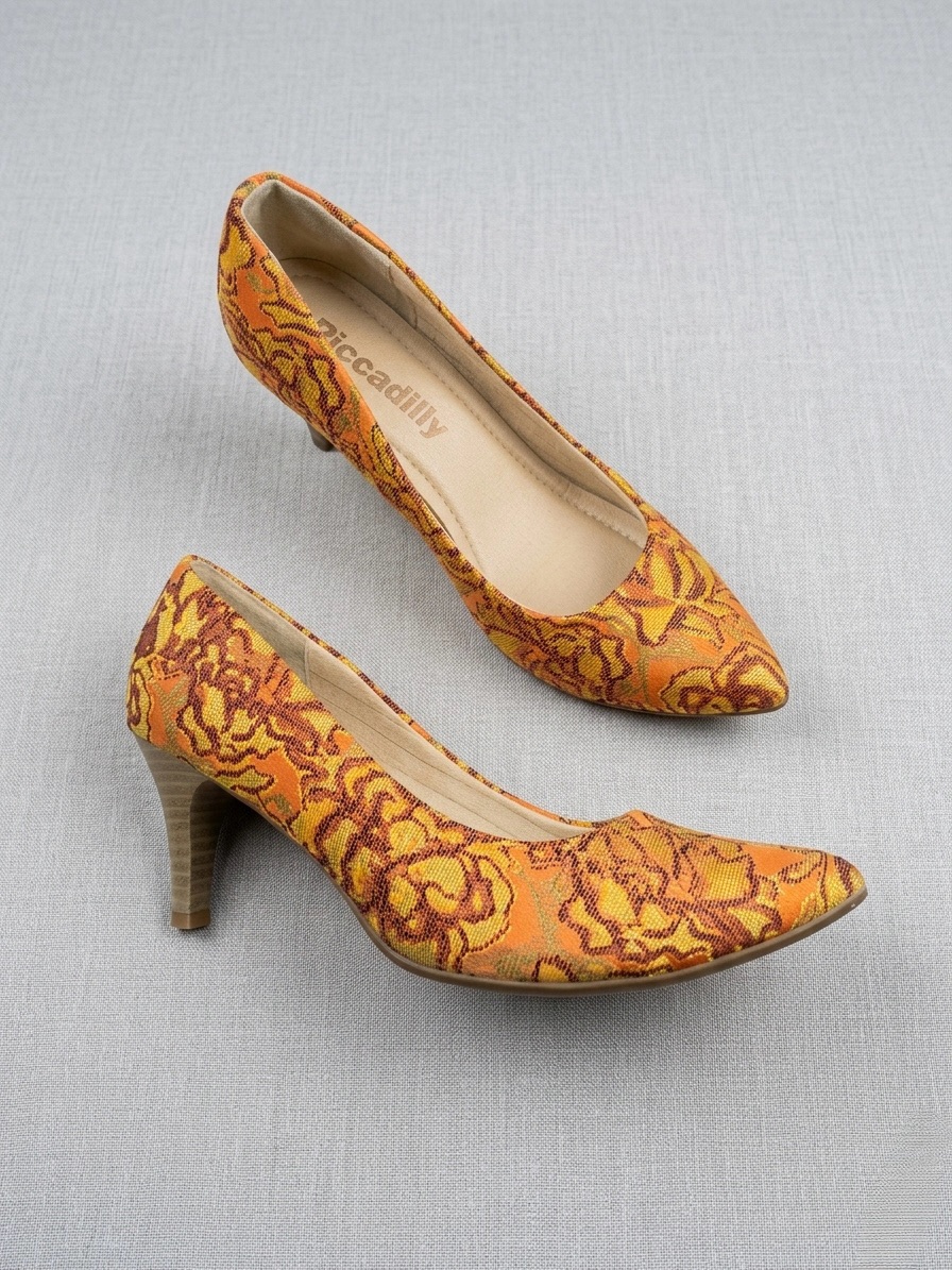 Piccadilly Pointed Floral Jacquard Kitten Heels In Orange